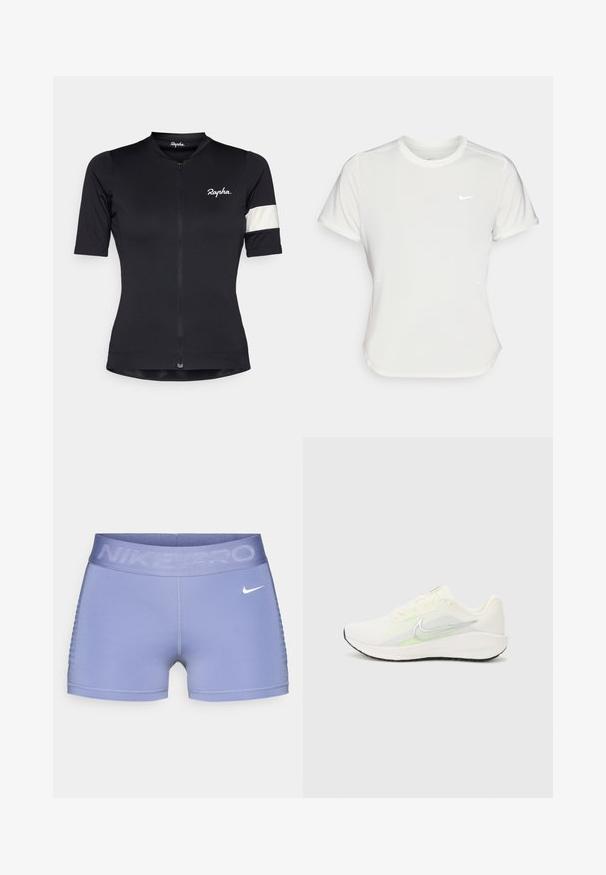 Svart sykkeltrøye med halv glidelås, korte ermer, og en hvit stripet detalj på venstre arm. Laget av et elastisk stoff.; Nike T-skjorte i hvit, kortermet, rund hals, laget av et glatt og lett materiale. Har en subtil logo på brystet.; Nike Pro kompresjonsshorts i lys lilla, med bred midjebånd med "NIKE PRO"-tekst, jevn tekstur og mønstrede sidelommer.; Nike Performance DOWNSHIFTER 13 - Løpesko for vei - sail/silver-coloured photon dust/summit white/barely volt/black