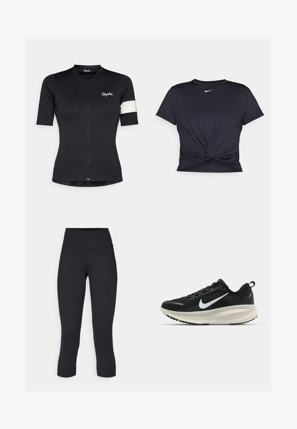 Zwarte fietsjersey met een halve rits, korte mouwen en een witte gestreepte accent op de linkerarm. Gemaakt van rekbaar materiaal.; Zwarte sportieve T-shirt van gladde stof, met een geknoopt ontwerp aan de voorkant en een klein wit Nike-logo op de borst.; Zwarte cropped leggings van rekbaar materiaal, met een hoge tailleband en een gladde textuur, zonder zichtbare patronen of hardware.; Zwarte Nike hardloopschoen met ademend mesh bovenwerk, witte swoosh-logo, gestructureerde details en een crèmekleurige ZoomX middenzool.