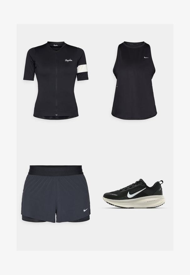Čierny cyklistický dres s polovičným zipsom, krátkymi rukávmi a bielym pruhom na ľavom ramene. Vyrobený z elastického materiálu.; Čierny bezrukávový bežecký top vyrobený z ľahkého materiálu s okrúhlym výstrihom; obsahuje diskrétne logo a bočné rozparky pre lepšiu priedušnosť.; Čierne športové šortky s elastickým pásom, ktoré majú vrstvený dizajn a malú bielu aplikáciu loga Nike v dolnom ľavom rohu. Ľahký materiál.; Čierne bežecké topánky Nike s priedušnou sieťovinou, bielym logom s symbolom swoosh, textúrovanými detailmi a krémovou ZoomX medzipodrážkou.