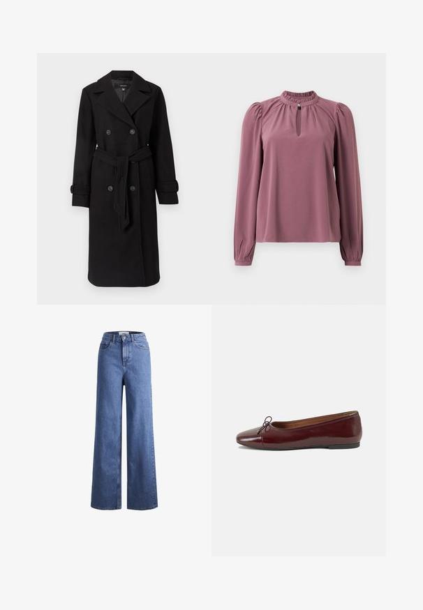 Abrigo trench de doble botonadura negro, hecho de una tela de lana texturizada. Presenta grandes botones, una cintura con cinturón y un clásico cuello de solapa.; Blusa de manga larga en color malva con cuello fruncido, escote en forma de ojal con cierre de botón y hombros ligeramente abullonados.; Jeans de mezclilla de tiro alto, de pierna ancha, en azul claro, con dos bolsillos delanteros y costuras visibles. Cuentan con un cierre de botón y cremallera.; Bailarina de charol burdeos con punta redonda, pequeño lazo en la parte frontal y una suela baja de goma negra. Textura suave.