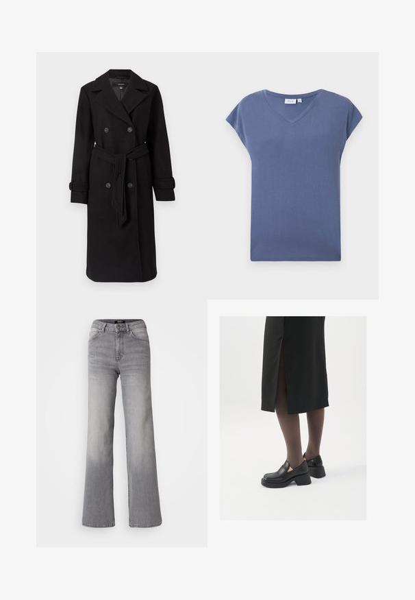 Svart dubbla knäppt trenchcoat i strukturerad ulltwill. Har stora knappar, ett bälte i midjan och en klassisk slagkrage.; T-shirt med V-ringning och kort ärm i en dämpad blå färg, tillverkad av mjukt bomullsmaterial med en slät textur och en avslappnad passform.; Högmidjade raka grå denimjeans med framknapp och dragkedja, fram- och bakfickor samt urtvättad nyans på låren och vristerna.; Svarta läderskor med rund tå, tjock klack utan häl och elastiska sidodetaljer, kombinerat med mörka strumpbyxor och en svart kjol med slits.