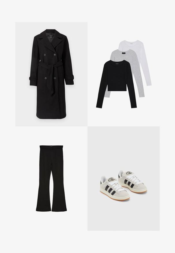 Fekete, kétsoros trench kabát, textúrált gyapjú szövetből készült. Nagy gombokkal, övvel ellátott derékkal és klasszikus hajtókával rendelkezik.; Három hosszú ujjú póló egymásra rakva: fekete, szürke és fehér. Mindegyiknek kerek nyaka van, és rövidített fazonnal rendelkezik, sima, könnyű anyagból készült.; Fekete trapéz leggings rugalmas anyagból készült. Széles derékpánttal és sima textúrával rendelkezik, illeszkedő sziluettje van, amely a szegélyen kigyullad.; Szürke velúr sportcipők fehér fűzővel, fekete csíkokkal és fehér gumitalppal. A nyelvén kör alakú logó található, illetve a talpa színes gumi.