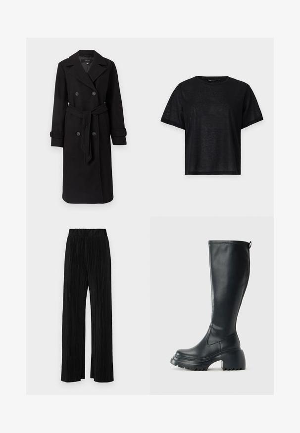 Trench coat preto de dupla frente fabricado em tecido de lã texturizada. Apresenta botões grandes, uma cintura com cinto e um colarinho clássico de lapela.; T-shirt preto de manga curta com um corte descontraído, apresentando uma textura suave e um decote redondo. Tecido leve com um brilho subtil.; Calças pregueadas pretas com uma cintura elástica. Apresentam pernas largas e um tecido liso, texturizado com riscas verticais.; Bota preta de couro alta com sola de plataforma robusta e salto bloco, apresentando puxador e padrão texturizado na sola.