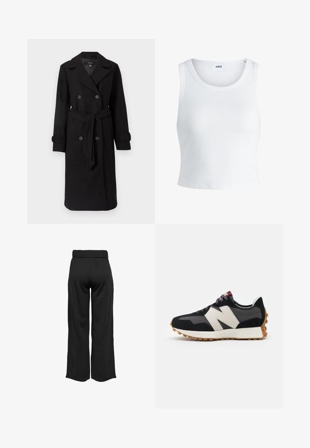 Cappotto trench nero doppiopetto realizzato in tessuto di lana testurizzato. Presenta bottoni grandi, una vita con cintura e un classico colletto a risvolto.; Canottiera bianca a coste con scollatura rotonda, senza maniche e lunghezza cropped. Etichetta con la scritta "JJXX". Tessuto di texture liscia.; Pantaloni neri a gamba larga con cintura elastica, realizzati in tessuto liscio. Presentano un design pulito senza tasche o dettagli di cucitura visibili.; Sneaker in suede nero e grigio con un grande logo "N" color crema, lacci viola e una suola esterna in gomma gommosa texturizzata.
