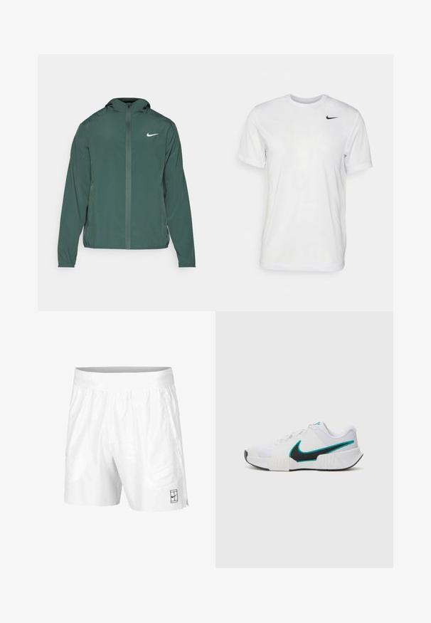 Nike Performance FORM - Cortaviento - vintage green/reflective silver; Camiseta blanca de manga corta hecha de tela suave. Presenta un cuello redondo y un pequeño logo negro de Nike en el pecho izquierdo.; Pantalones cortos deportivos blancos hechos de una tela ligera con una cinturilla elástica, que cuentan con dos bolsillos laterales y un pequeño logo negro en el dobladillo.; Zapatilla deportiva blanca con parte superior de malla texturizada, suela de goma negra y acento del swoosh de Nike en color teal. Cuenta con cordones y un collar acolchado.
