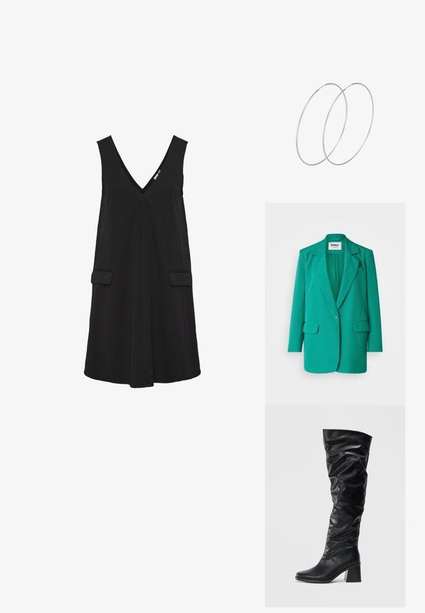 Turkis blazer med spidse kraver, enkelt knaplukning, to forlommer og en glat tekstur.; Sort ærmeløs V-hals kjole med forlommer og A-line silhuet.; Sorte knæhøje støvler lavet af blank læder med et afslappet design, spidse tæer og en kraftig blokhæl. Glat tekstur med subtil glans.; Sort stofpose med en enkelt, bred skulderrem. Blød, semi-struktureret form og glat tekstur; minimalistisk design uden synligt hardware.; Sølvøreringe med et minimalistisk design. Cirkulær form, glat tekstur og tynd profil. Letvægtige med en poleret overflade.