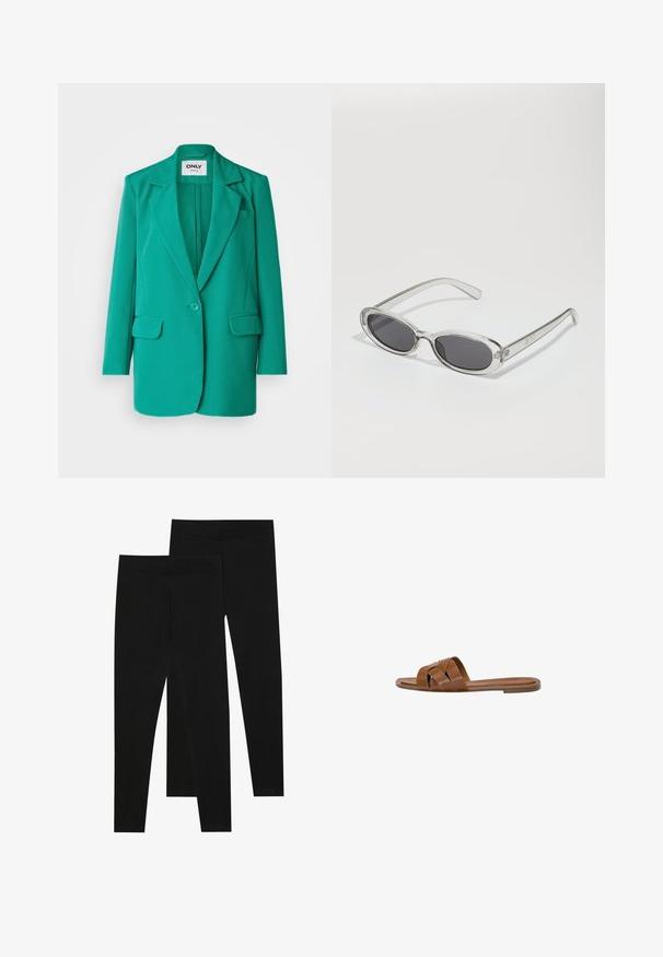 Blazer turchese con colletto a rever, chiusura a un bottone, due tasche frontali e una texture di tessuto liscia.; Due sciarpe a tubo senza soluzione di continuità: una nera e una bianca. Entrambe sono realizzate in tessuto morbido e elastico e presentano una texture liscia senza motivi.; Leggings neri realizzati in tessuto elastico, con una vita senza cuciture e un design slim fit, adatti per l'abbigliamento casual o per l'esercizio.; Sandalo in pelle marrone con fasce incrociate, suola piatta e una texture liscia. Design semplice senza decorazioni o motivi.; Occhiali da sole con forma ovale, montatura in plastica trasparente, lenti grigie scure e aste sottili trasparenti con accenti di logo e dettagli minimi.