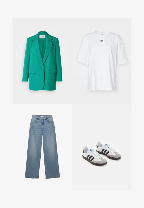 Türkiz színű blézer, fordított nyakkal, egy gombos záródással, két elülső zsebbel és sima szövet tapintással.; Fehér, rövid ujjú póló, amely pamutból készült. Kerek nyakkivágással és egy kicsi fekete Adidas logóval rendelkezik a mellkasán. Egyenes fazonú szegély.; Világoskék, bő szárú farmernadrág. Magas derekú, öt zsebes kialakítással rendelkezik, egyenes szabású, minimális kopással.; Fehér bőr felsőrészes sportcipő, szürke velúrból készült orral és három fekete csíkkal. Jellemzője a kék logó a nyelvén és egy texturált gumitalp.