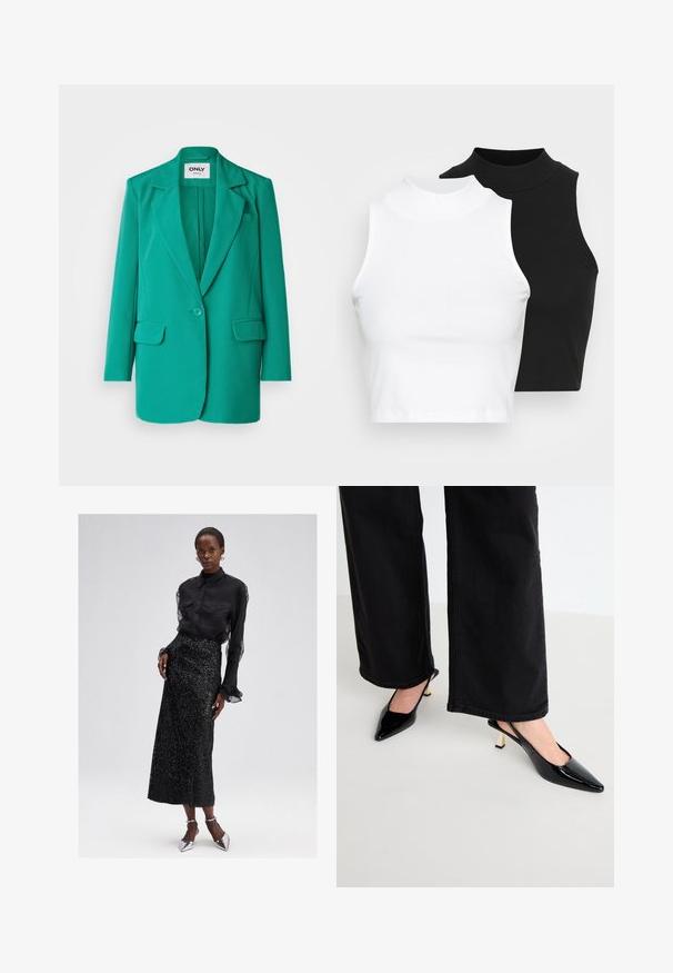 Turkio spalvos švarkas su įpjovimu ant apykaklės, vienu mygtuko užsegimu, dviem priekinėmis kišenėmis ir lygiu audinio paviršiumi.; Du pirštu riboti be rankovių golfo marškiniai juodos ir baltos spalvų, pasižymintys prigludusia forma ir lygia tekstūra, trumpu ilgiu.; Juodas marškinėliai su mygtukais ir permatomomis rankovėmis, derinami su blizgančia juoda midi sijonu ir sidabrinėmis aukštakulnėmis bateliais. Elegantiškas ir tekstūruotas dizainas.; Simmi London JUNE - Klasikiniai aukštakulniai - black