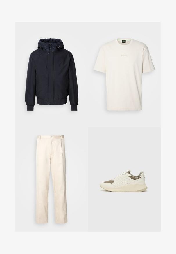 Černá mikina s kapucí, zapínání na zip, elastické manžety a lem. Má hladký, matný povrch a minimalistický design, vhodná pro každodenní nošení.; BOSS TEE - Jednoduché tričko - open white; Bežové bavlněné kalhoty se střihy rovného nohavice, s knoflíkovým zapínáním a záhyby vpředu pro zvýraznění detailu.; Bílé a světle béžové atletické tenisky, které mají síťovaný svršek, perforované detaily a texturovanou mezipodešev s logem na patě.