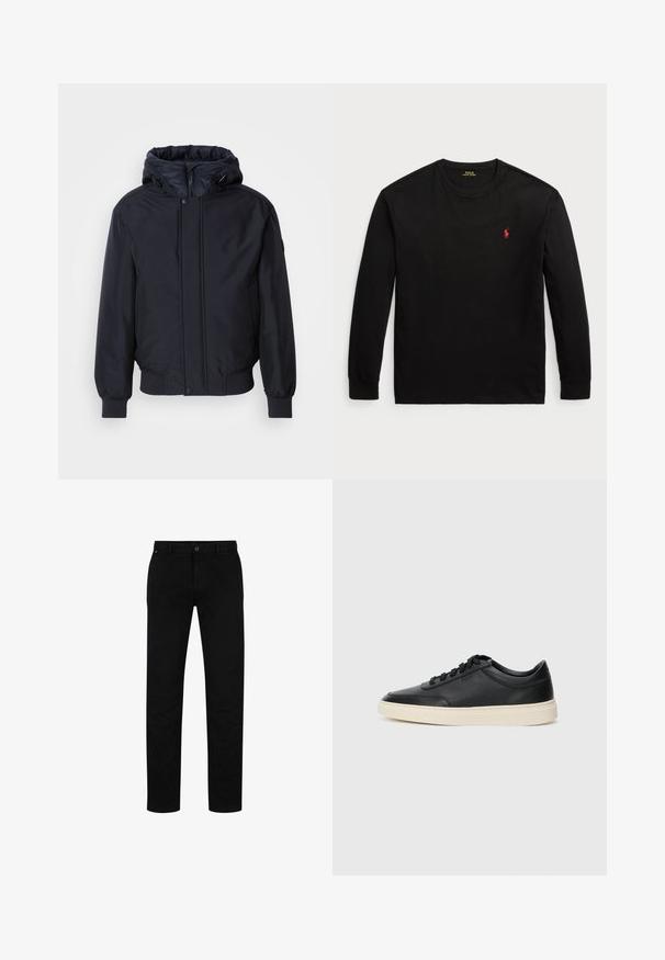 Jaqueta preta com capuz, com fecho éclair à frente, punhos e bainha elásticos. Apresenta um acabamento liso e mate, com um design minimalista, adequada para uso casual.; Camisola de manga longa preta feita de algodão. Apresenta um colarinho redondo, punhos canelados e um pequeno logo bordado vermelho no peito. Textura suave.; Calças de algodão pretas com um corte reto, apresentando fecho de botão, passantes para cinto e um design minimalista. Textura suave, sem padrões.; Sapatilha preta de cano baixo em pele com atacadores pretos e sola off-white, apresentada em perfil lateral sobre fundo branco.