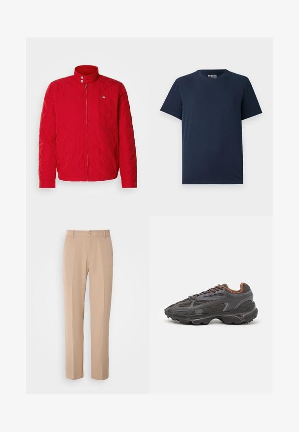 Jachetă roșie matlasată cu guler înalt, fermoar frontal și butoane cu capse. Prezintă cusături diagonale și un mic logo pe piept.; Tricou din bumbac de culoare albastru marin, cu guler rotund și mâneci scurte. Are un design simplu, fără modele sau embellishments.; Pantaloni bej dintr-un material fin, cu un design drept, închidere cu nasture în față și detalii discrete de pliu pe față.; Adidași Lacoste de culoare gri închis, din material mesh și sintetic, cu o talpă texturată și accente maronii pe guler și branding.