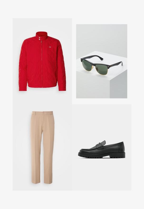 Jachetă roșie matlasată cu guler înalt, fermoar frontal și butoane cu capse. Prezintă cusături diagonale și un mic logo pe piept.; Top din bumbac alb, cu decolteu rotund, bretele late și margine dreaptă, având o textură fină și fără modele vizibile.; Pantaloni bej dintr-un material fin, cu un design drept, închidere cu nasture în față și detalii discrete de pliu pe față.; Mocasini din piele neagră cu vârful rotunjit, având un design cusut, talpă joasă și o talpă din cauciuc texturat, cu crampoane.; Ochelari de soare Ray-Ban cu lentile verzi, rame din plastic negru și accente aurii pe margini. Formă pătrată cu un finisaj mat.
