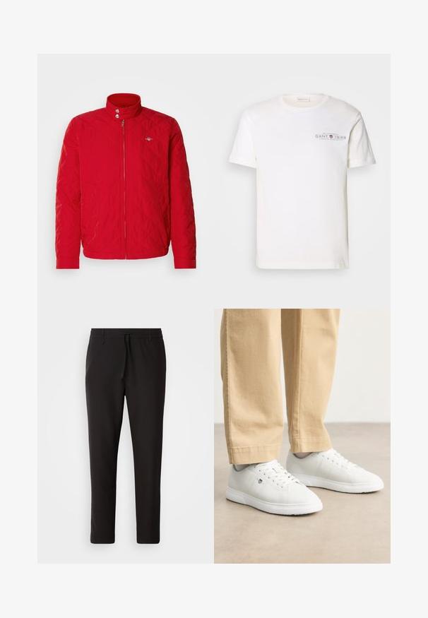 Červená prošívaná bunda s límcem, předním zipem a patentkami. Má diagonální stehy a malé logo na hrudi.; Bílý bavlněný tričko s kulatým výstřihem, krátkými rukávy a potiskem loga. Mít minimalistický design a volný střih.; Černé teplákové kalhoty vyrobené z hladké látky. Mají elastický pas se šňůrkou, zúžené nohavice a žádné viditelné kapsy. Jednoduchý design.; Bílé kožené tenisky s hladkým povrchem, kulatou špičkou, šněrováním a decentním logem na boku, spárované s béžovými kalhotami.