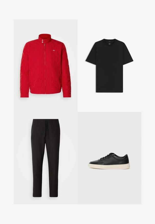 Veste matelassée rouge avec col montant, fermeture éclair à l'avant et boutons-pression. Caractérisée par des coutures diagonales et un petit logo sur la poitrine.; T-shirt noir à manches courtes en coton mélangé doux, avec un col rond et un design minimaliste sans motifs ni accents.; Pantalons de jogging noirs en tissu lisse. Dotés d'une taille élastique avec cordon de serrage, jambes fuselées, et sans poches visibles. Design simple.; Baskets en cuir noires à tiges basses avec lacets noirs et semelle ivoire, présentées en profil latéral sur fond blanc.