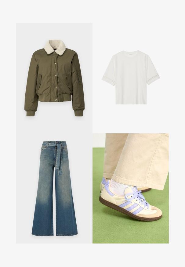 Oliven grønn bomberjakke med en kremfarget lammeskinnskrage, ribbestrikkede mansjetter og kant, to frontlommer og en glidelåslomme på ermet.; Hvit t-skjorte med kort erme laget av bomull, med dekorativ blondekant langs ermene og en rund halslinning.; Bredde ben jeans med en lyseblå til mørkeblå gradient, høyt liv, beltehemper og et matchende belte i samme stoff. Teksturert denimoverflate.; Kremfargede og lavendelfargede joggesko med tre striper og en teksturert brun såle, med lisser og en polstret hæl. Mykt stofføvre.
