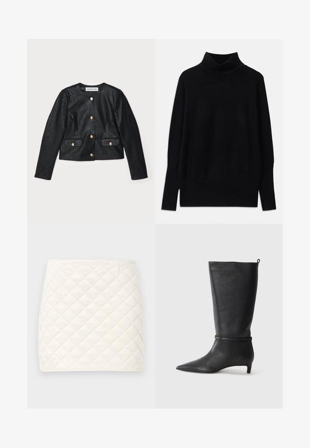 Black faux leather cropped jacket with long sleeves, round neckline, and gold button closures. Features two front pockets with flaps.; Black turtleneck sweater made of soft fabric, featuring ribbed accents at the collar and cuffs, with a relaxed fit and side slits.; Quilted mini skirt in soft white fabric, featuring a diamond pattern and clean lines, with a smooth texture and no visible fastenings.; Black leather knee-high boot with a pointed toe, accented by a circular strap around the ankle and a low, tapered heel. Smooth texture.