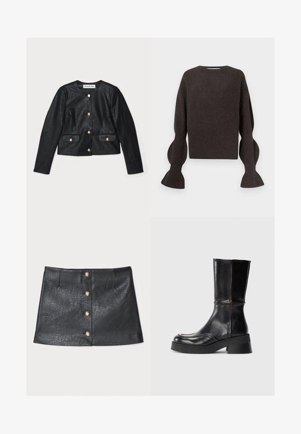 Black faux leather cropped jacket with long sleeves, round neckline, and gold button closures. Features two front pockets with flaps.; Dark brown knitted sweater with a round neckline, balloon sleeves, and ribbed texture. Features a cropped design and subtle sheerness.; Black leather mini skirt featuring a sleek design, front button closure with gold accents, and textured surface with subtle sheen.; Black leather ankle boot with a block heel, featuring contrast stitching and a curved toe design. Smooth texture, sleek silhouette.