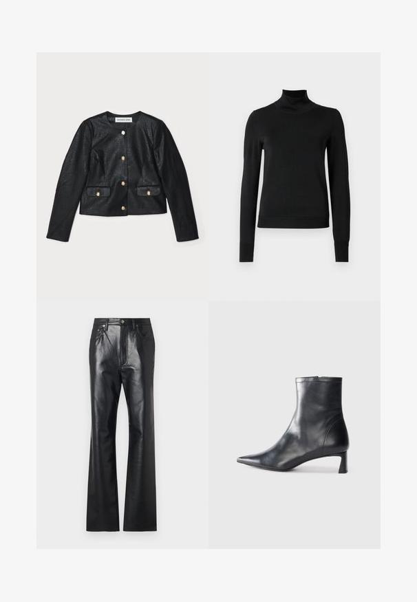 Schwarze Kunstleder-Cropped-Jacke mit langen Ärmeln, rundem Ausschnitt und goldenen Knopfverschluss. Mit zwei Vorderaschen mit Klappen.; Schwarzer Langarmrollkragenpullover mit gerippten Bündchen und Saum, auf einem schlichten weißen Hintergrund präsentiert.; Schwarze Lederhose mit glatter Textur, ausgestelltem Bein design, Frontreißverschluss und Gürtelschlaufen. Mit dezenten Steppnähten.; Schwarze Lederstiefelette mit spitzer Zehe und schlankem Design. Verfügt über einen niedrigen Absatz und einen Reißverschluss hinten. Glatte Textur.