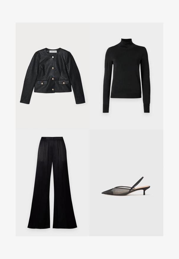 Zwarte nep leren cropped jas met lange mouwen, ronde halslijn en gouden knopen. Heeft twee voorzakken met kleppen.; Zwarte trui met lange mouwen en col, voorzien van geribde manchetten en zoom, weergegeven op een effen witte achtergrond.; Zwarte wijde pantalons gemaakt van soepel materiaal, met een elastische tailleband en twee zijnaad voor extra structuur.; NEOUS IRENA - Klassieke pumps - black