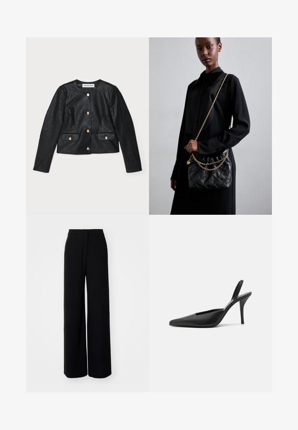 Crna jakna od umjetne kože, skraćena, s dugim rukavima, okruglim izrezom i zlatnim kopčama na dugmadi. Ima dva prednja džepa s preklopima.; Bijela rebrasta kratkotrajna majica s okruglim izrezom. Tkanina izgleda glatko s prilagođenim siluetom. Vidljiva oznaka branda na ovratniku.; Crne široke hlače visokog struka, glatkog materijala, s prednjim kopčanjem na dugme i bez vidljivih džepova, s krojem prilagođenim figuri.; Crne slingback cipele s visokom potpeticom i špicastim prstom, od glatke kože s elegantnim, minimalističkim dizajnom. Visoka stiletto potpetica.; Crna naslagana kožna torba s naboranim vrhom, zlatnim lančićem i pravokutnim oblikom, držana uz jednostavnu pozadinu.; Zlatne cvjetne naušnice sa teksturiranim crnim središtem i delikatnim detaljima. Na profilu su vidljive modelove bistre kože i pletena kosa.