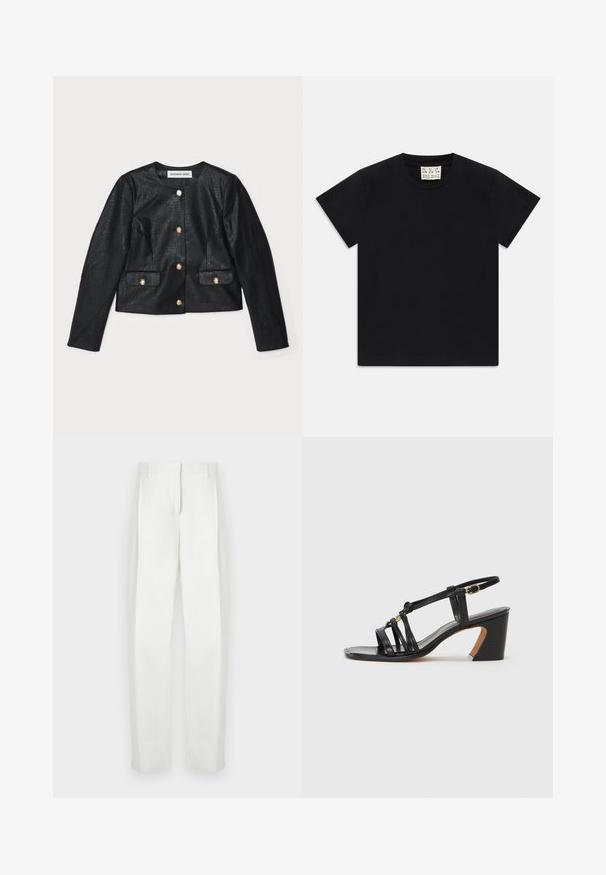 Black faux leather cropped jacket with long sleeves, round neckline, and gold button closures. Features two front pockets with flaps.; Black short-sleeve crew neck t-shirt with a white tag inside the collar labeled "D.R.C. EST. 2002" on a white background.; Paul Smith Trousers - white; Paul Smith AMIRA - Classic heels - black