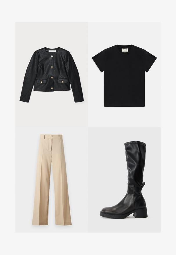 Zwarte nep leren cropped jas met lange mouwen, ronde halslijn en gouden knopen. Heeft twee voorzakken met kleppen.; Zwarte t-shirt met korte mouwen en ronde hals met een wit label binnen in de kraag, waarop "D.R.C. EST. 2002" staat, tegen een witte achtergrond.; Beige wijde broek gemaakt van gladde stof, met een flatte voorkant met plooien, een rits en riemlussen. Over het geheel een getailleerde pasvorm.; Zwarte laarzen tot de knie van glad leer, met een blokhak, ronde neus en gestikte details langs de naden.