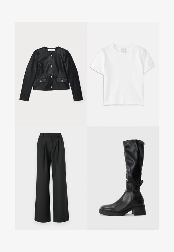 Crna jakna od umjetne kože, skraćena, s dugim rukavima, okruglim izrezom i zlatnim kopčama na dugmadi. Ima dva prednja džepa s preklopima.; Bijela pamučna majica s okruglim izrezom, kratkim rukavima i ravnim rubom. Oznaka označena "Won Hundred" nalazi se na sredini dekoltea.; Won Hundred CAMILLE TROUSERS - Hlače - licorice; Crna čizma do koljena od glatke kože, s blok petom, zaobljenim vrhom i šivenim detaljima duž šavova.