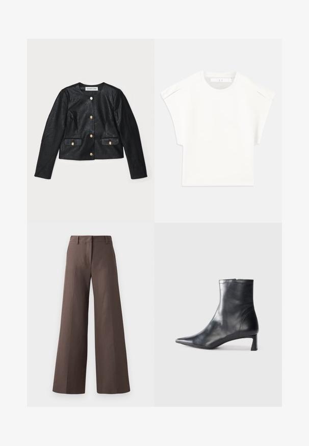 Veste cropped en simili cuir noir avec des manches longues, un col rond et des fermetures à boutons dorés. Dispose de deux poches avant avec rabats.; T-shirt blanc rectangulaire à manches courtes. Fabriqué en tissu lisse, avec un col rond et des accents subtils aux épaules. Design simple.; Pantalons amples marron en tissu lisse ; dotés d'un devant plat, de passants de ceinture et de coutures verticales le long des jambes.; Bottine en cuir noir avec un bout pointu et un design épuré. Présente un petit talon et une fermeture éclair à l'arrière. Texture lisse.
