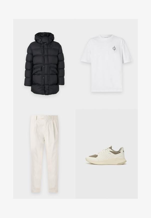 Must värviga puffjakker koos kapuutsiga, mis sisaldab suurte tikkimisosade, kahe esiosa tasku, täispika nööpkinni ja reguleeritavate nööridega.; Valge puuvillane t-särk lõdva sobivusega, millel on vasakul rinnal väike must graafiline logo. Lühikesed varrukad, ümmargune kaelus.; Valged volditud püksid, mis on kohandatud sobivusega, sujuva tekstuuriga, vööloopidega ja kitsenevate jalgadega. Pole nähtavaid taskuid ega mustreid.; Valge ja heledat beeži värvi spordijalats, millel on õhuke võrkmaterjal, perforatsioonidega detailid ning tekstuuriga vahetald, millel on brändi logo kannaosas.