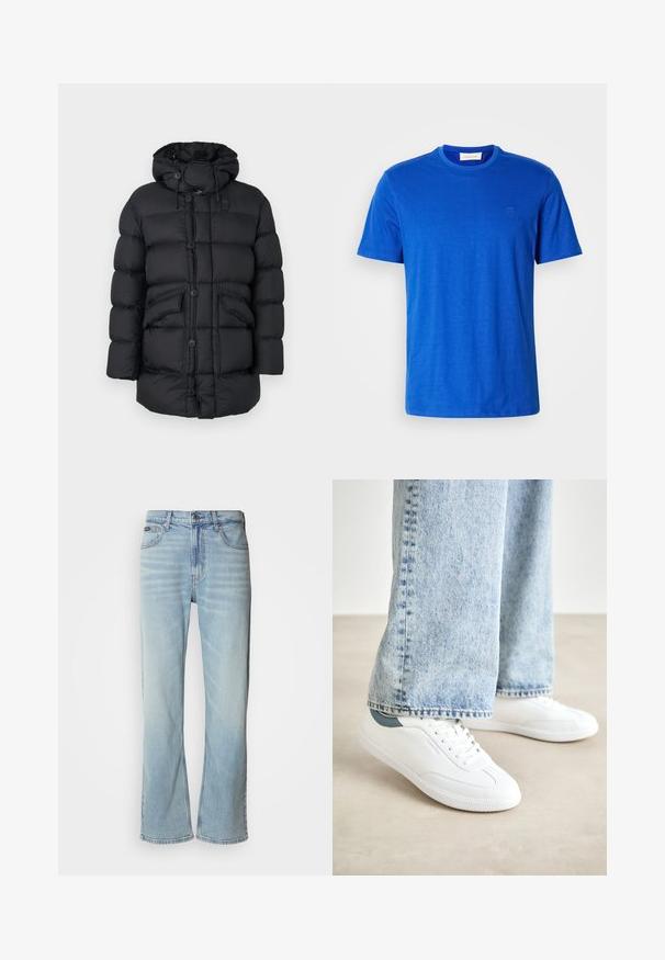 Schwarze Pufferjacke mit Kapuze, die über große gesteppten Abschnitte, zwei Fronttaschen, einen durchgehenden Knopfverschluss und verstellbare Zugbänder verfügt.; Blaues Rundhals-T-Shirt aus Baumwolle mit kurzen Ärmeln und einem dezenten Logo auf der Brust, auf einem weißen Hintergrund präsentiert.; Hellblaue Jeans aus Denim mit geradem Bein, ausgestattet mit fünf Taschen, einem Knopfverschluss und subtilen Verwaschungen im Stoff.; Weiße Sneaker aus glattem Material, mit Schnürdesign, strukturiertem Gummisohle und einem türkisfarbenen Akzent an der Ferse, kombiniert mit hellblauen Jeans.