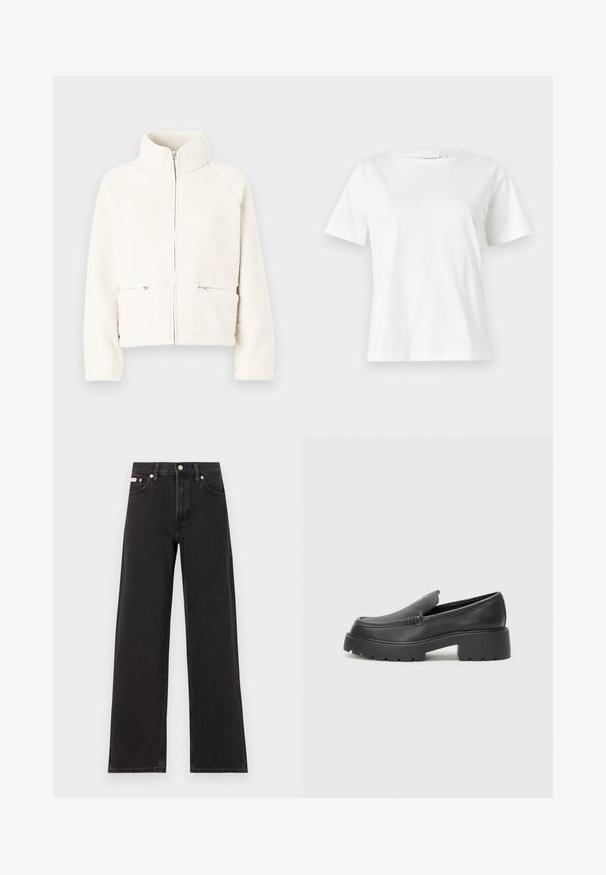 Samsøe Samsøe TARA JACKET - Fleecejas - turtledove; Witte katoenen t-shirt met korte mouwen, ronde halslijn en een ontspannen pasvorm. Gladde textuur, geen patronen of accenten, minimalistisch ontwerp.; Zwarte wijde spijkerbroeken van denim, met een hoge taille, vijf-pocket stijl en een metalen knoopsluiting met contrasterende stiksels.; Zwarte leren instappers met een ronde neus, dikke getextureerde zool en minimale stikseldetails. Strak ontwerp zonder zichtbare veters of hardware.