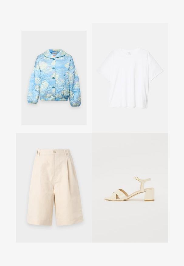 Helmstedt ROSIE JACKET - Bomber bunda - light blue; Bílý bavlněný tričko s krátkým rukávem, kulatým výstřihem, volným střihem a šitým lemem. Nálepka viditelná na vnitřní straně výstřihu.; Béžové lněné šortky s uvolněným střihem, opatřené zapínáním na knoflíky, plisovaným designem a délka ke kolenům. Hladká textura a jednoduchý styl.; Beige lakované sandály na podpatku s křížovými pásky, otevřenou špičkou, nastavitelními nártními pásky a blokovým podpatkem. Hladký povrch.