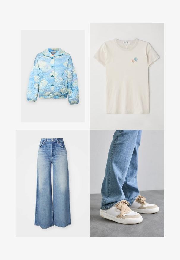 Helmstedt ROSIE JACKET - Bomber jakna - light blue; Svetlo bež bombažna majica s krojem okroglega izreza in kratkimi rokavi. Vsebuje majhne vezenine školjk v pastelnih barvah.; Široke traperice iz svetlo modrega denima, z visokim pasom, petimi žepi, izblitenim videzom in raztrganim robom.; Bele in bež športni copati z teksturiranimi paneli, z bež vezalkami in gumijastim podplatom, v kombinaciji s svetlo modrimi jeans hlačami.