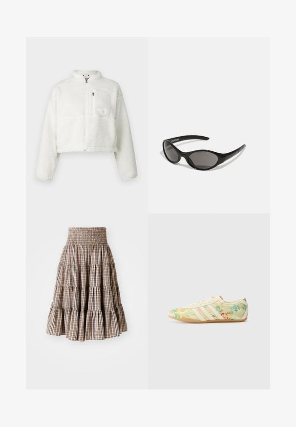 Valge lühendatud fliisjakker kõrge kraega, lukuga sulgemine ja logo tähis rinna taskus. Pehme tekstuur, pikad varrukad ja lõdva istuvusega.; Tumeoliiviroheline kapuutsiga sviiter, mis on valmistatud pehmest puuvillasegusest kangast. Sellel on ees suuri tasku, tõmbetrossiga kapuuts ja rinnal reljeefne logo.; Kihiline, kortsunud seelik beežikaspruuni ruudulise mustriga. Omab laienevat siluetti ja tekstureeritud kangast.; adidas Originals TOKYO X LIBERTY LONDON - Tossud - cream white/gold-coloured/gum; Mustad must silmad ovaalse kujuga ja tumedate läätsedega. Ahnuslik plastikraam, millel on reljeefsed aktsendid varsudel. Brändimine külgedel.