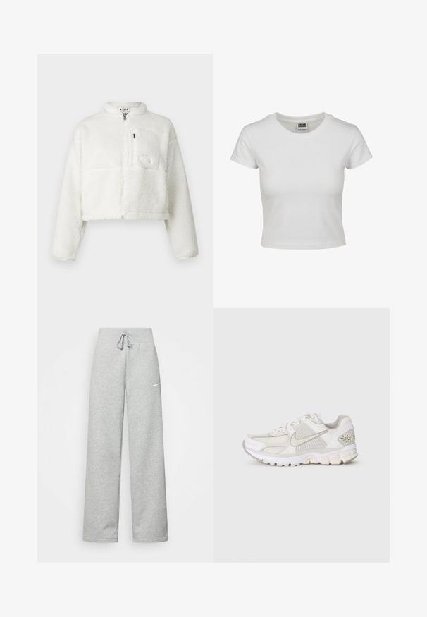 White cropped fleece jacket with high collar, zip closure, and logo patch on chest pocket. Soft texture, long sleeves, and relaxed fit.; White cotton t-shirt with a classic crew neck, short sleeves, and a fitted shape. No patterns or accents visible.; Gray sweatpants with an elastic waistband, drawstring detail, and a small white Nike logo on the left thigh. Soft fabric, loose fitting.; White athletic shoe with mesh and synthetic materials. Features a textured design, padded collar, and geometric accents on the heel.