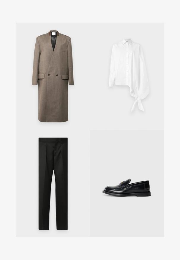 Palton din lână maro cu un design cu două rânduri de nasturi, guler tip notch, două buzunare frontale și o textură netedă. Interior captusit și croială ajustată.; Cămașă albă cu mânecă lungă, cu nasturi, având o mânecă asimetrică supradimensionată, adunată și legată la încheietura mâinii pe partea dreaptă.; Pantaloni negri cu un material neted, design croit, picioare drepte și un talie plată fără închideri sau buzunare vizibile.; Mocasin din piele neagră cu un design cusut, o mică clapă frontală și o talpă plată din cauciuc. Textură netedă cu accente din metal aurit.