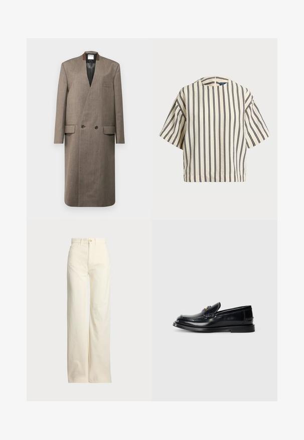 Rudas vilnos paltas su dvigubu mygtukų užsegimu, notch tipo apykakle, dviem priekinėm kišenėm ir glotnia tekstūra. Pamušalu vidus ir pritaikytas siluetas.; Kreminės ir tamsiai mėlynos juostelės trumpų rankovių marškinėliai, turi apvalų iškirpimą ir dėžutės tipo dizainą, pagaminti iš tekstūruotos medžiagos.; Polo Ralph Lauren COTTON CORDUROY WIDE-LEG PANT - Kelnės - warm white; Juodas odinis loafersas su siuvinėjimu, maža priekine skiltimi ir plokščiu guminiu padu. Lygus paviršius su aukso tono detalėmis.