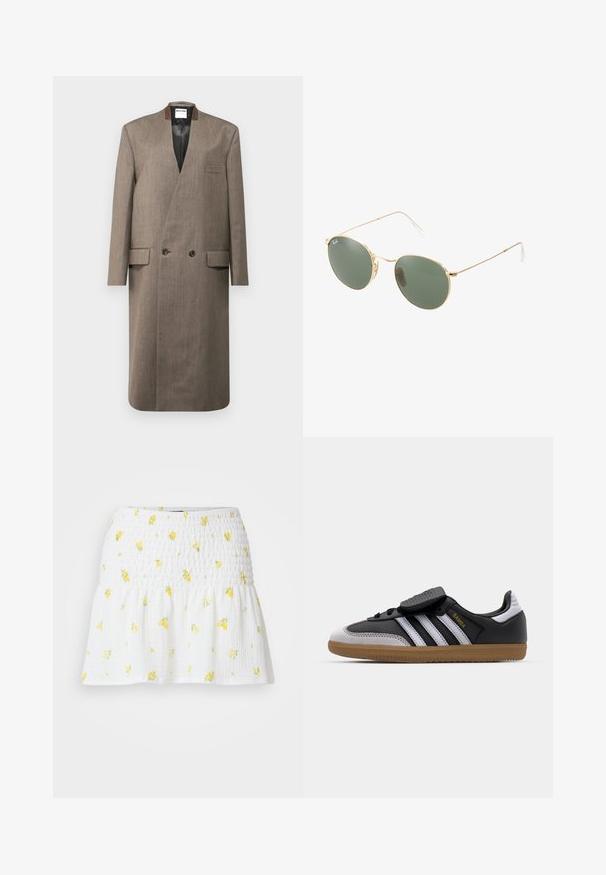 Brūns vilnas mētelis ar dubultā slēgšanas dizainu, izgriezta apkakle, divas priekšējās kabatas un gluda tekstūra. Oderēta iekšpuse un pielāgota griezuma.; Melnas kokvilnas bezmugurkaula krekliņš ar noapaļotu kakla izgriezumu, platām plecu striķiem un pieguļošu siluetu. Ir zīmola uzlīme baltā krāsā.; Balta svārki ar smocētu tekstūru un dzeltenu ziedu rakstu. Apakšmalai ir izplūstoša forma, radot brīvu siluetu.; Melnā ādas un pelēkā zamša kedas ar baltām svītrām, gumijas zole, aukliņu aizdare priekšā un Velcro josta. Satur "Samba" zīmolu zeltā.; Zelta metāla rāmis saulesbrillēm ar zaļiem stikliem, apaļa forma, plānas kājiņas un baltas plastmasas akcenti uz roku galiem.