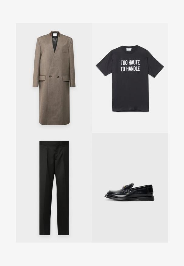 Rudas vilnos paltas su dvigubu mygtukų užsegimu, notch tipo apykakle, dviem priekinėm kišenėm ir glotnia tekstūra. Pamušalu vidus ir pritaikytas siluetas.; Juoda medvilninė marškinė su trumpomis rankovėmis ir apvalia iškirpte, priekyje užrašyta balta tekstu "PER DAUG KARŠTA VALDYTI".; Juodos kelnės su lygiu audiniu, pritaikytu dizainu, tiesiomis kojomis ir plokščiu juosmeniu be matomų užsegimų ar kišenių.; Juodas odinis loafersas su siuvinėjimu, maža priekine skiltimi ir plokščiu guminiu padu. Lygus paviršius su aukso tono detalėmis.