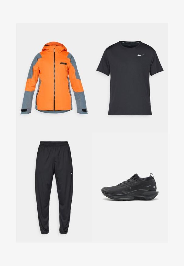 Bright orange and gray hooded jacket with front zipper, zippered side pockets, and adjustable wrist straps, designed for outdoor use.; Black Nike running T-shirt made of lightweight, breathable material, featuring short sleeves and a small white logo on the chest.; Black athletic pants with an elastic waistband, tapered legs, and a small white Nike logo on the left thigh. Smooth fabric, no patterns.; Black athletic shoe with a textured mesh upper, integrated lacing, and a cushioned sole. Features subtle branding and a heel pull tab.