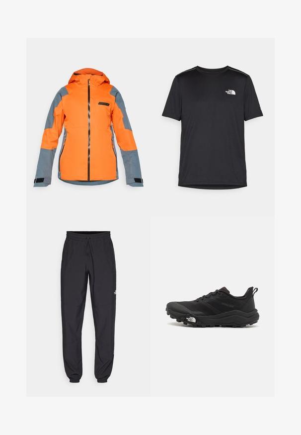 Helle orange und graue Kapuzenjacke mit frontalem Reißverschluss, seitlichen Reißverschlusstaschen und verstellbaren Handgelenkriemen, entworfen für den Einsatz im Freien.; Schwarzes T-Shirt mit kurzen Ärmeln aus leichtem Stoff. Mit einem kleinen weißen Logo auf der linken Brust und dezenten Akzenten an den Schultern.; Schwarze Sporthosen aus leichtem Stoff, mit einem Kordelzugbund, seitlichen Taschen und schmal zulaufenden Bündchen an den Knöcheln.; Schwarzer Trailrunning-Schuh mit strukturiertem Obermaterial, Gummisohle und verstärkter Zehenkappe. Verfügt über einen gepolsterten Kragen und eine Ziehlasche für einfaches Anziehen.