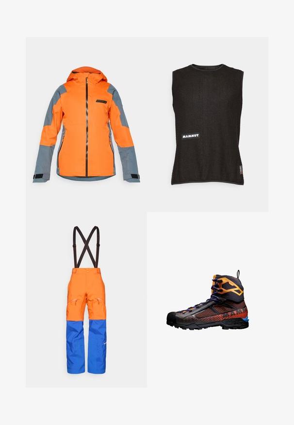Ljus orange och grå huva-jacka med frontdragkedja, dragkedjefickor på sidan och justerbara handledsremmar, designad för utomhusbruk.; Ärmlös svart topp med texturerat material, med en vit "Mammut"-logotyp och en liten röd accenttag på sidan, rundad halsringning.; Apelsin- och blå vattentäta byxor med svarta justerbara hängslen, framfickor med dragkedja och förstärkta knän för utomhusaktiviteter.; Svart och orange vandringskänga med nät- och gummimaterial. Har blå accenter, texturerade mönster och en hög ankeldesign för stöd.