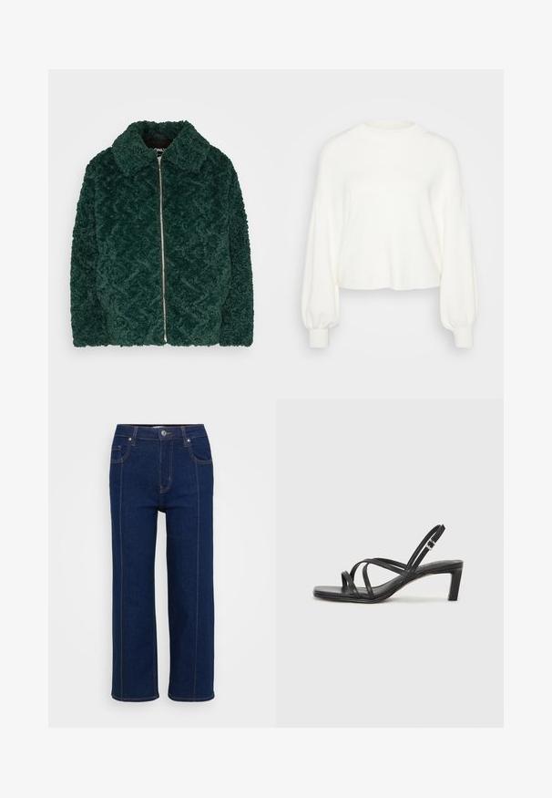 Dark green, plush fleece jacket with a diamond pattern, zip closure, and a pointed collar. Soft texture and large front surface area.; White cropped sweater made of soft knit fabric. Features long, puffed sleeves with ribbed cuffs and a round neck design.; Dark blue straight-leg jeans with button closure, front and back pockets, and visible orange stitching along seams.; Black strappy sandal with a square toe and a low block heel. Features multiple thin straps and an adjustable ankle strap. Made of smooth leather.