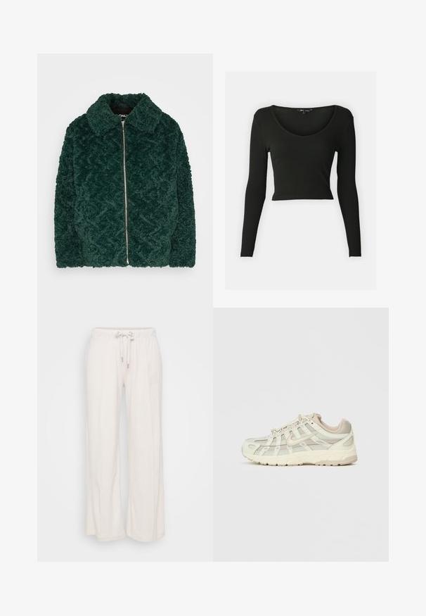 Casaco de fleece macio, verde escuro, com um padrão de diamante, fecho de correr e gola pontuda. Textura suave e grande área frontal.; Crop top preto de mangas longas feito de tecido canelado com um decote em V profundo. Apresenta mangas justas e uma textura suave.; Calças largas de cor bege claro com cintura elástica e cordão. Feitas de um material macio, com costuras verticais que descem pela frente.; Shoe desportivo de tom bege claro com painéis de malha e uma sola almofadada. Apresenta um fecho com atacadores, bico arredondado e detalhes dourados ao lado.