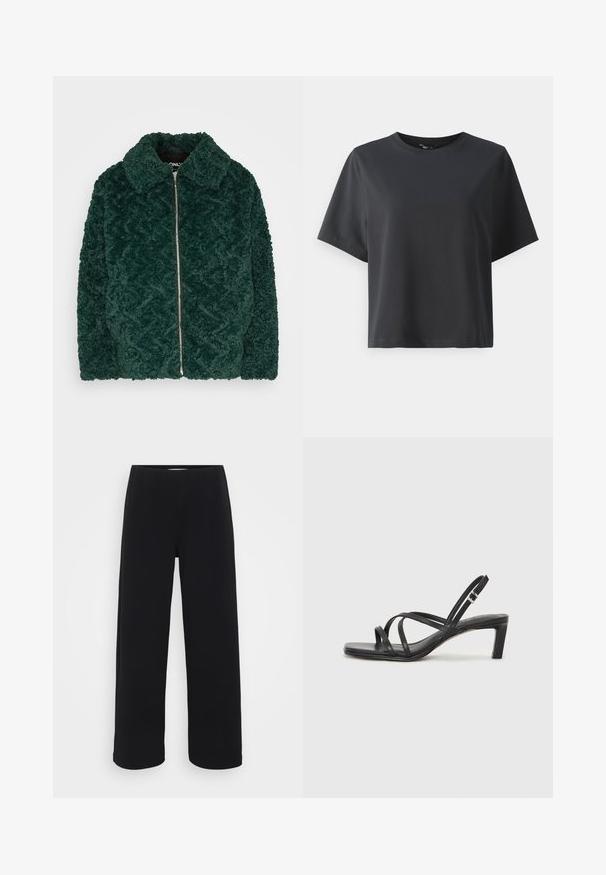 Mørkegrønn, luksuriøs fleecejakke med diamantmønster, glidelås og spiss krage. Myk tekstur og stort frontareal.; Svart bomull T-skjorte, korte ermer, rund hals, avslappet passform, jevn tekstur, enkel design, ingen mønstre eller aksenter.; Svart bukser med vid benvidde og elastisk midjebånd. Laget av et strukturert materiale, med en løs passform og rett snitt fra hoftene til sømmen.; Sorte sandaler med stropper, firkantet tå og lav blokk hæl. Har flere tynne stropper og en justerbar ankelstropp. Laget av glatt lær.
