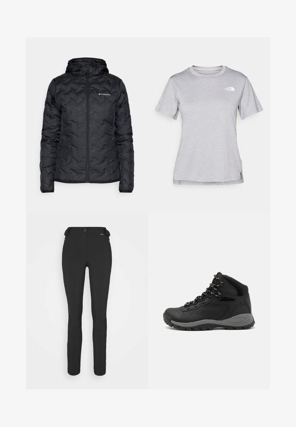 Svart isolerad jacka med huva, med en kviltad textur, framdragkedja och Columbia-logotyp på vänster bröst.; Grå kortärmad t-shirt i mjukt, fuktavledande tyg. Har en rund halsringning och en liten vit logotyp på övre vänstra sidan.; Svarta, åtsittande byxor tillverkade av ett flexibelt material. Funktioner inkluderar en ficka med dragkedja på sidan, artikulerade knän och en jämn yta.; Svart vandringskänga med mellanhög design, som har en texturerad överdel, grå accenter och en slitstark gummisula med greppklackar.