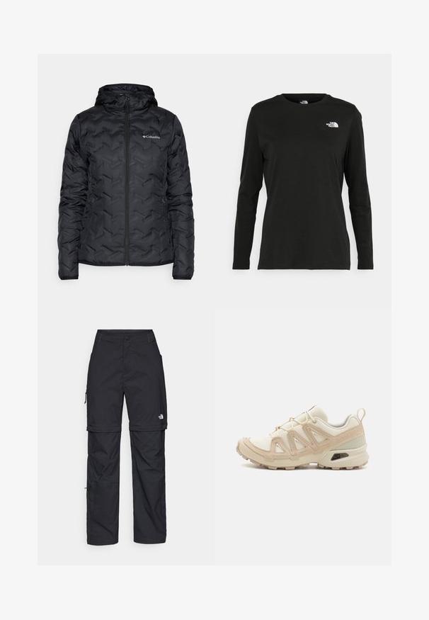 Juodas izoliacinis švarkas su kapišonu, pasižymintis siuvinėjimo raštu, priekiniais užtrauktukais ir "Columbia" logotipu kairiajame krūtinės šone.; Juodas ilgomis rankovėmis medvilninis marškinėliai su apvali apykakle. Savybė - mažas baltas logotipas kairėje krūtinės pusėje. Paprastas dizainas ir pritaikymas.; Juodos nailoninės krovinių kelnės su reguliuojamais rankovėmis, daugybe kišenių ir logo ant dešinės kojos. Lygi, lengva tekstūra.; Bežinės ir kreminės spalvos sportinės bateliai su tekstūruoto tinklelio viršutine dalimi, palaikančiomis detalėmis ir guminiais padais, turinčiais raštą, užtikrinantį sukibimą.