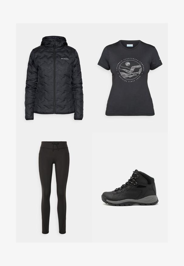 Crna zamрična jakna s kapuljačom, s pravokutnom teksturom, prednjim zatvaračem i Columbia logotipom na lijevoj strani prsnog koša.; Crna Columbia majica s bijelim kružnim crtežom planine i rijeke te natpisom "Columbia Sportswear Company Outside Since 1938."; Crne tajice s visokim strukom, uzicom, glatkom teksturom i uskim dizajnom. Imaju šavove duž bokova.; Crne planinarske čizme s dizajnom srednjeg vrha, sa teksturiranim gornjim dijelom, sivim akcentima i izdržljivom gumom potplatom s uzorkom za prianjanje.