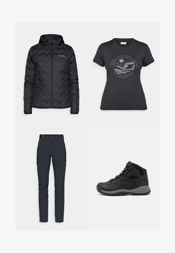 Melnā izolētā jakas ar kapuci, ar iešūtu tekstūru, priekšējo rāvējslēdzēju un Columbia logo uz kreisā krūša.; Melnā Columbia T-kreklā ar baltu apļa kalnu un upes kontūru mākslu, kā arī tekstu "Columbia Sportswear Company Outside Since 1938."; Vīriešu āra bikses, tumši pelēkā krāsā, izgatavotas no elastīga materiāla, ar jostu, kabatām ar rāvējslēdzēju un pastiprinātām šuvēm.; Melni pārgājienu zābaki ar vidēju augstumu, ar teksturētu augšdaļu, pelēkiem akcentiem un izturīgu gumijas zoli ar saķeres izvirzījumiem.